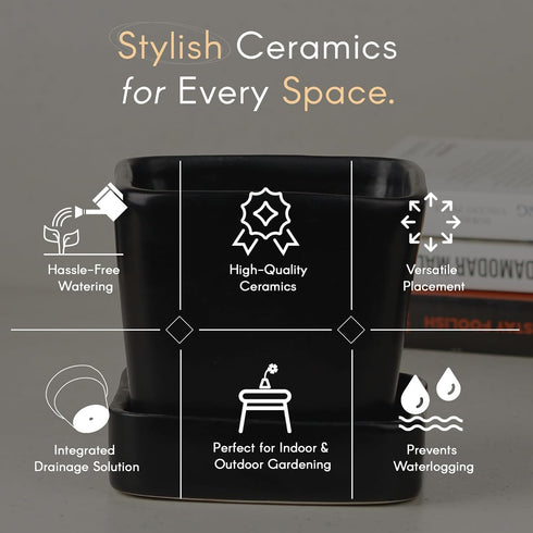 Black Square Ceramic Clay Pots Pot with Tray - The Earth Store - Planter